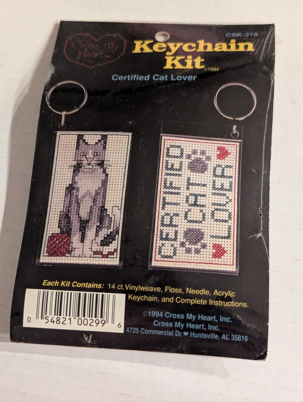 VTG 1994 Cross My Heart Certified Cat Lover Cross Stitch Keychain Kit CSK-318